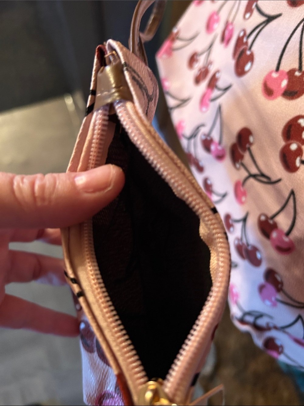 Pink Cherry-Print Tote with Brown Handles - Picture 4 of 4